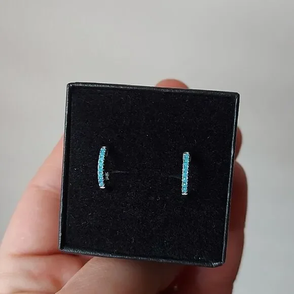 Platinum Plated 925 Sterling Silver Blue CZ Huggies Hoop Earrings - Picture 2 of 7